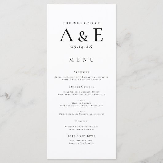 Modern zwart-wit koppels Monogram bruiloft Menu (Voorkant)