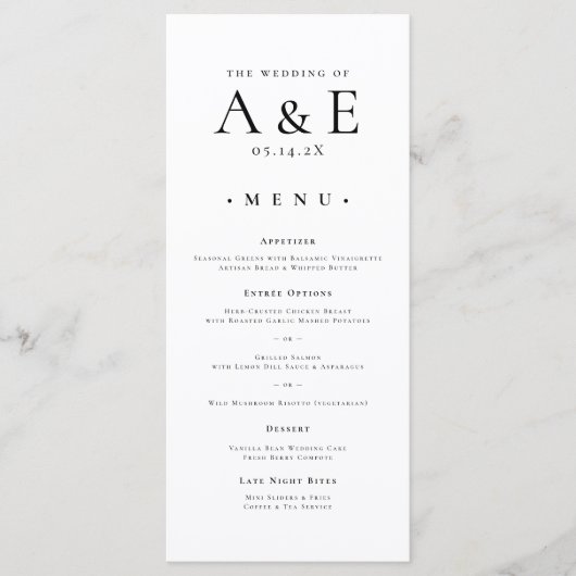 Modern zwart-wit koppels Monogram bruiloft Menu (Voorkant)