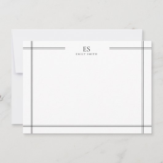 Modern zwart-wit lijn grens monogram notitiekaartje (Voorkant)