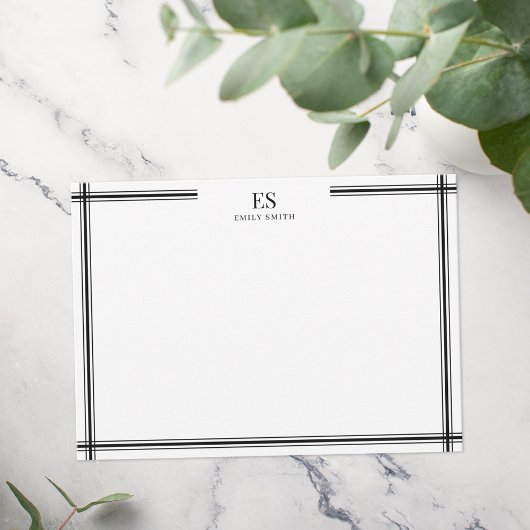 Modern zwart-wit lijn grens monogram notitiekaartje