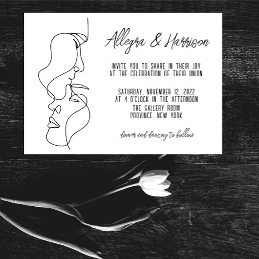 Modern Zwart Wit Lijn Kunst Typografie Bruiloft Kaart