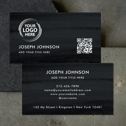 Modern Zwart Wit Logo Donkergrijs Borstel QR Code Visitekaartje