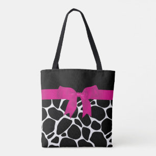 Modern zwart wit luipaard print roze lint tote bag
