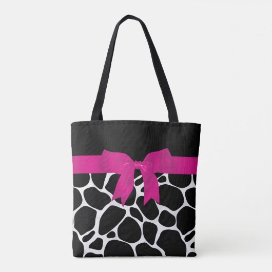 Modern zwart wit luipaard print roze lint tote bag (Achterkant)