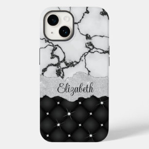 Modern Zwart Wit Marmer Faux Glitter Monogram Case-Mate iPhone 14 Hoesje