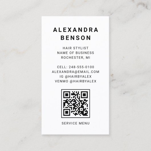 Modern Zwart Wit Marmer QR Code Visitekaartje (Voorkant)