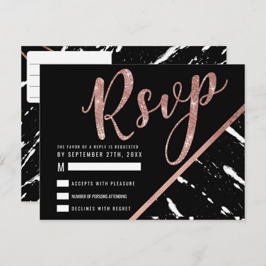 Modern Zwart Wit Marmer Roos Goud Chic RSVP Briefkaart (Voorkant / Achterkant)
