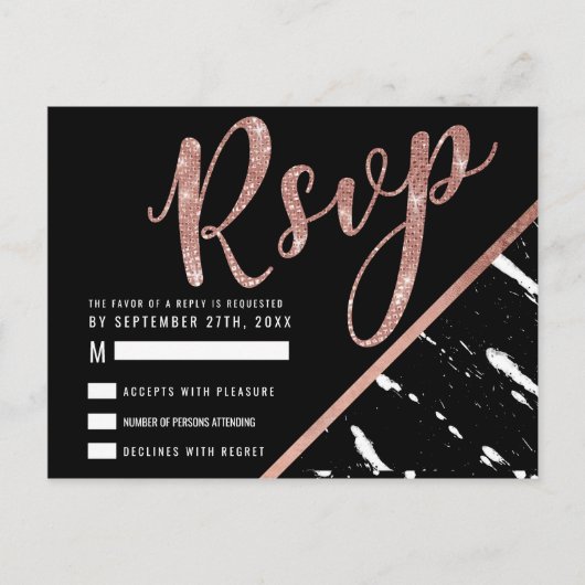 Modern Zwart Wit Marmer Roos Goud Chic RSVP Briefkaart (Voorkant)