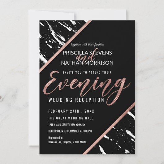 Modern zwart wit marmer Roos gouden chique avond Kaart (Voorkant)