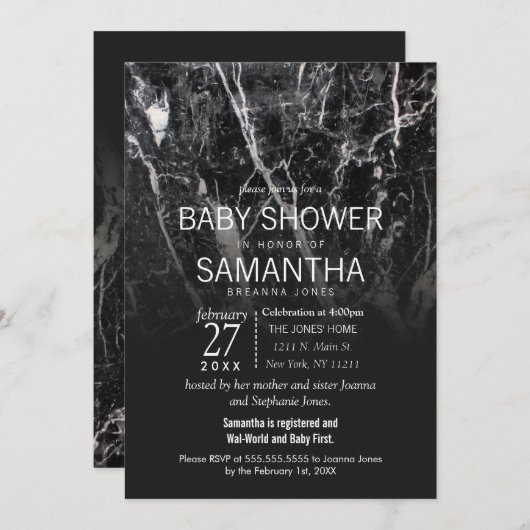 Modern zwart-wit marmeren Baby shower nodigt uit Kaart (Voorkant / Achterkant)