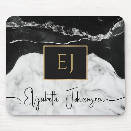 Modern Zwart Wit Marmeren Goud Initiaal Monogram Muismat (Voorkant)