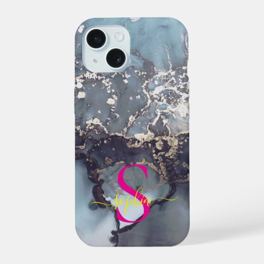 modern zwart-wit marmeren monogram iPhone 15 case (Achterkant)
