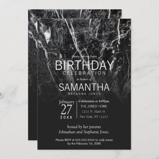 Modern zwart-wit marmeren verjaardagsfeest kaart (Voorkant / Achterkant)