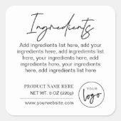 Modern Zwart Wit Merk Logo Product Ingrediënten Vierkante Sticker (Voorkant)