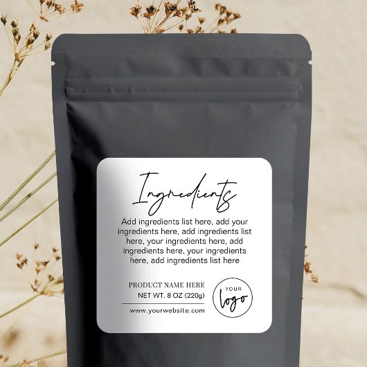 Modern Zwart Wit Merk Logo Product Ingrediënten Vierkante Sticker