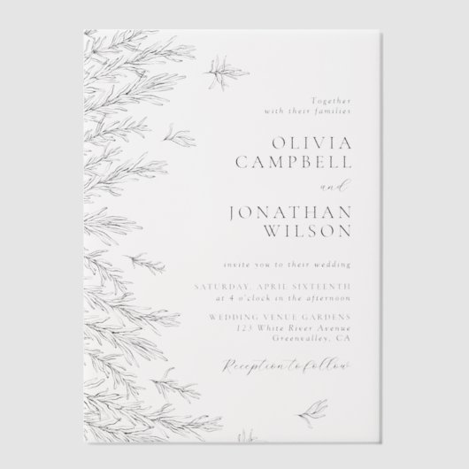 Modern zwart wit minimale bladeren bruiloft vellum uitnodigingen (Voorkant)