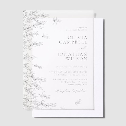 Modern zwart wit minimale bladeren bruiloft vellum uitnodigingen (Offset)