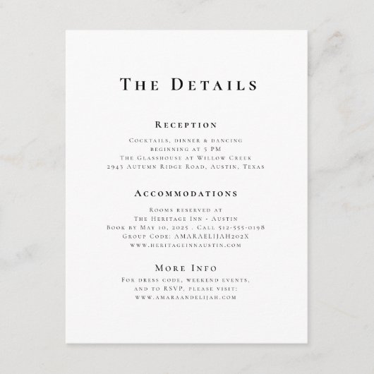 Modern zwart-wit minimale bruiloft details informatiekaartje (Voorkant)