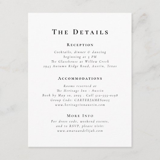 Modern zwart-wit minimale bruiloft details informatiekaartje (Voorkant)
