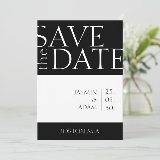 Modern Zwart Wit Minimale Typografie Bruiloft Save The Date (Staand voorkant)