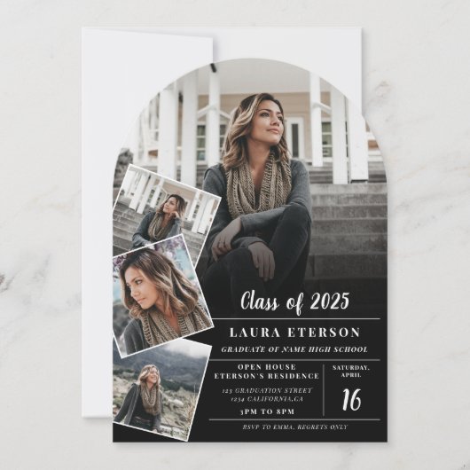 Modern zwart wit minimalistisch 5 foto afstuderen kaart (Voorkant)