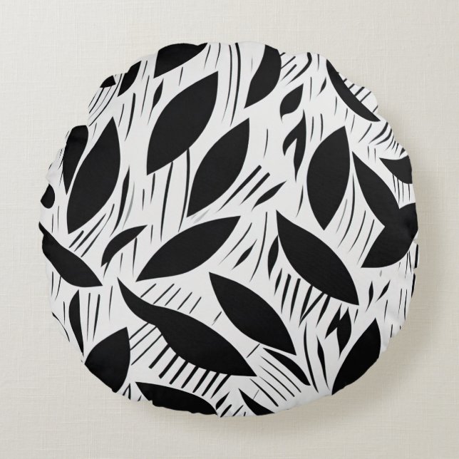 Modern zwart-wit minimalistisch bladpatroon rond kussen (Voorkant)