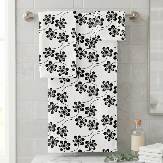 Modern zwart-wit minimalistisch bloempatroon bad handdoek
