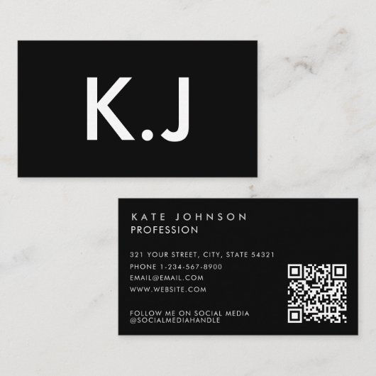 Modern zwart-wit minimalistisch QR-code monogram Visitekaartje (Voorkant / Achterkant)