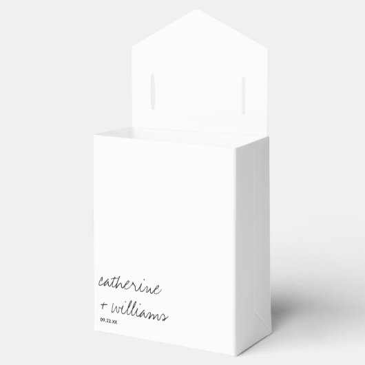 Modern zwart-wit minimalistisch script bruiloft bedankdoosjes (Geopend)