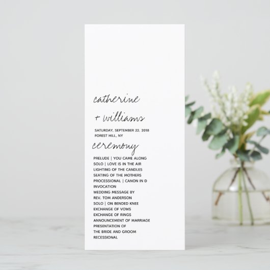 Modern zwart-wit minimalistisch script bruiloft programmakaart (Staand voorkant)