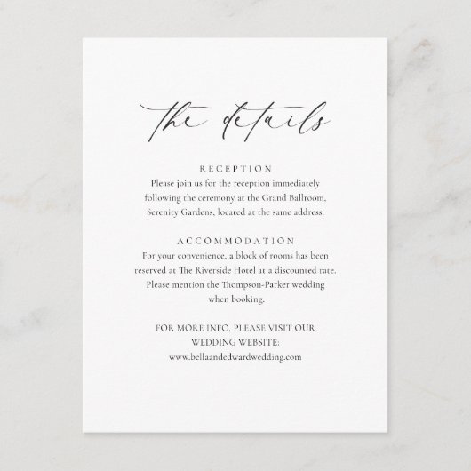 Modern zwart wit minimalistische bruiloft details informatiekaartje (Voorkant)