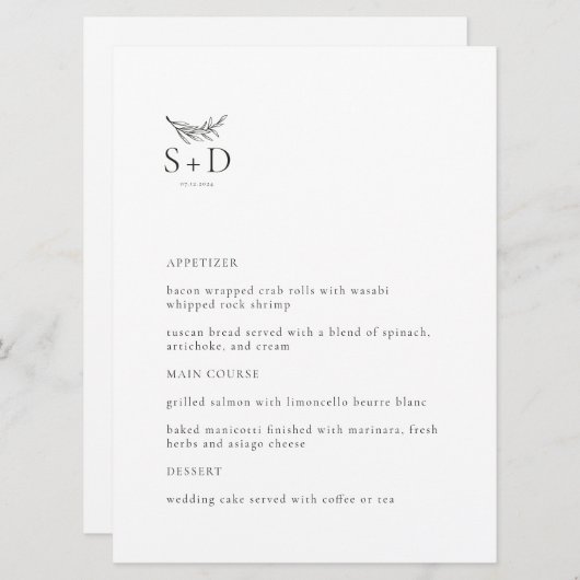Modern Zwart-wit Monogram Bruiloft Menu (Voorkant / Achterkant)