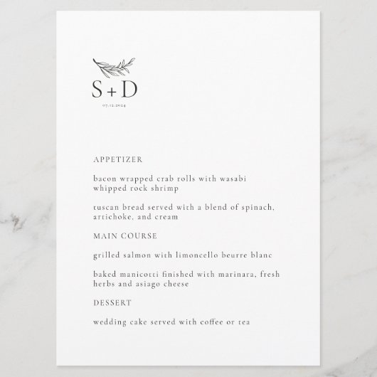 Modern Zwart-wit Monogram Bruiloft Menu (Voorkant)