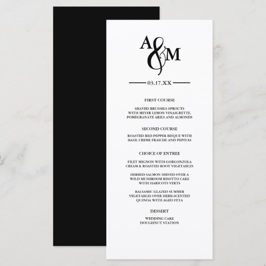 Modern zwart-wit monogram bruiloft plat menu (Voorkant / Achterkant)