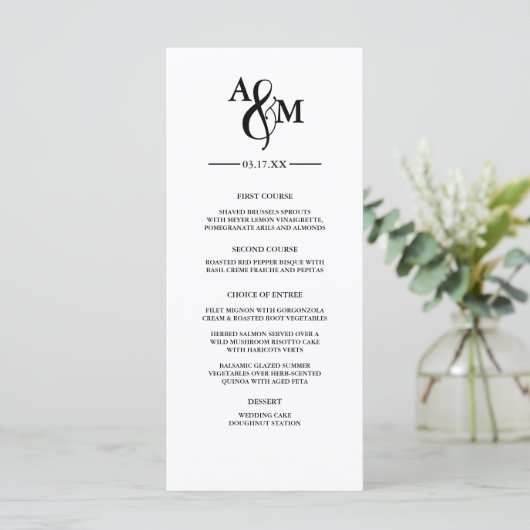 Modern zwart-wit monogram bruiloft plat menu (Staand voorkant)