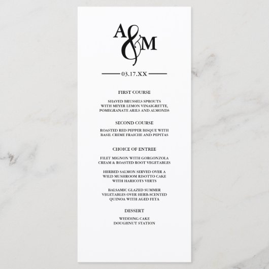 Modern zwart-wit monogram bruiloft plat menu (Voorkant)