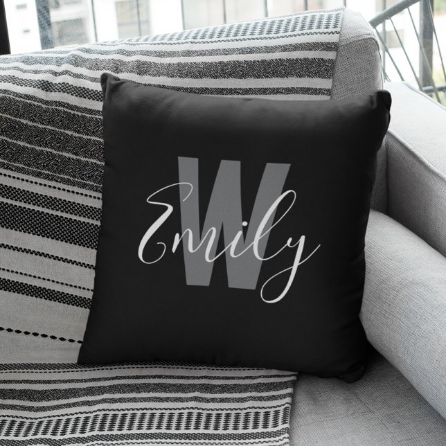 Modern zwart-wit monogram kussen (Modern Black White Monogram Throw Pillow)