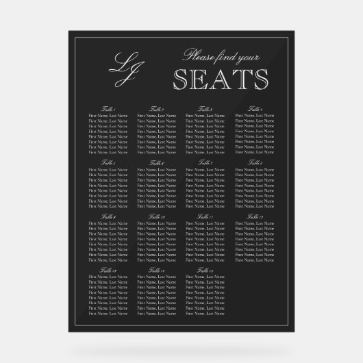 Modern zwart-wit monogram Script Trouwstoel Acryl Bord (Voorkant)