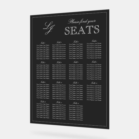 Modern zwart-wit monogram Script Trouwstoel Acryl Bord (Hoek)