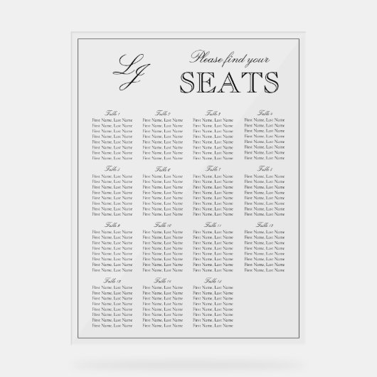 Modern zwart-wit monogram Script Trouwstoel Acryl Bord (Voorkant)