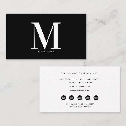 Modern Zwart Wit Monogram Social Media Iconen Visitekaartje (Voorkant / Achterkant)