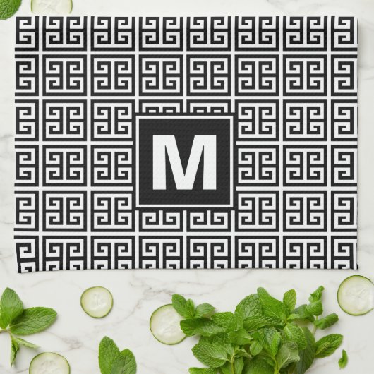 Modern zwart-wit monogram theedoek (Gevouwen)