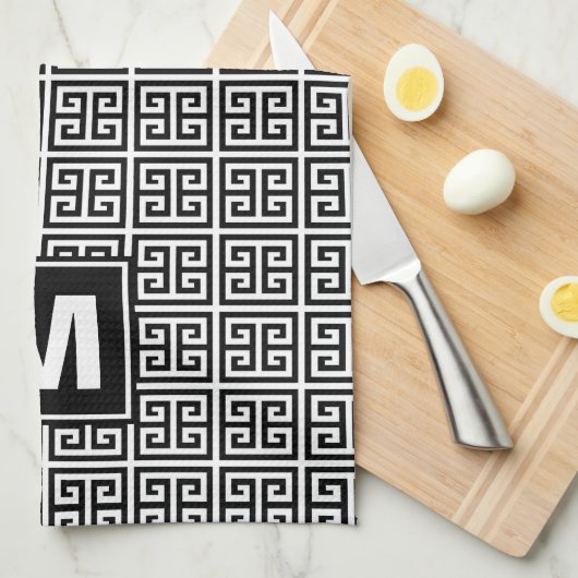 Modern zwart-wit monogram theedoek (Quarter Fold)