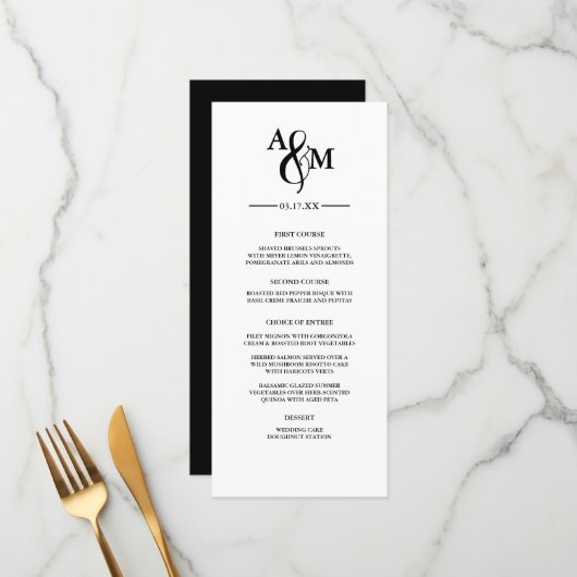 Modern zwart-wit monogram trouwfeest menu (Voorkant / Achterkant in situ)