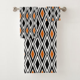 Modern zwart-wit-oranje diamantpatroon bad handdoek