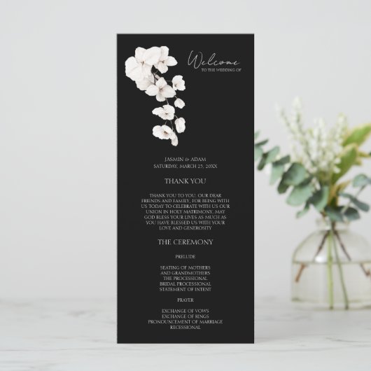 Modern zwart-wit orchidee bloem bruiloftsprogramma (Staand voorkant)