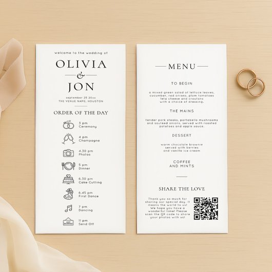 Modern zwart-wit order van de dag en menu trouwkaa