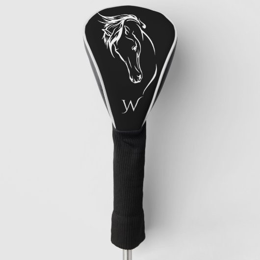 Modern zwart-wit paardenhoofd Monogram Initiaal Golfheadcover (Voorkant)