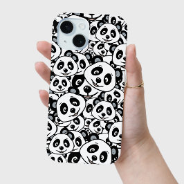 Modern zwart-wit patroon van een knuffelbare panda iPhone 15 case