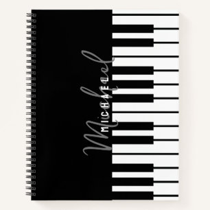 Modern zwart-wit pianotoetsenbord Monogram Naam Notitieboek